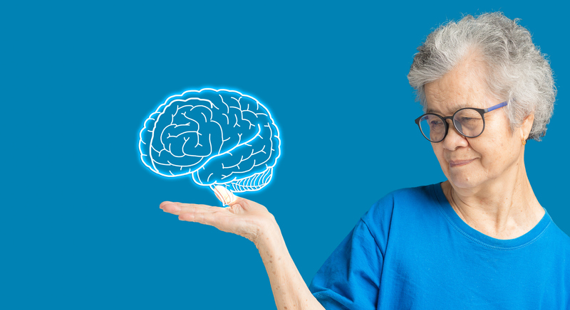 Woman holding a 3D image of a brain in her hand.