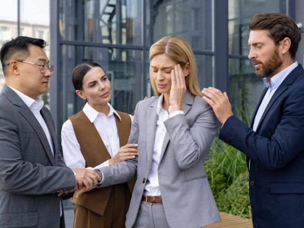 Three business colleagues including two men and one woman provide comfort to a stressed woman outside of an office building