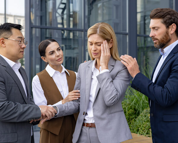 Three business colleagues including two men and one woman provide comfort to a stressed woman outside of an office building