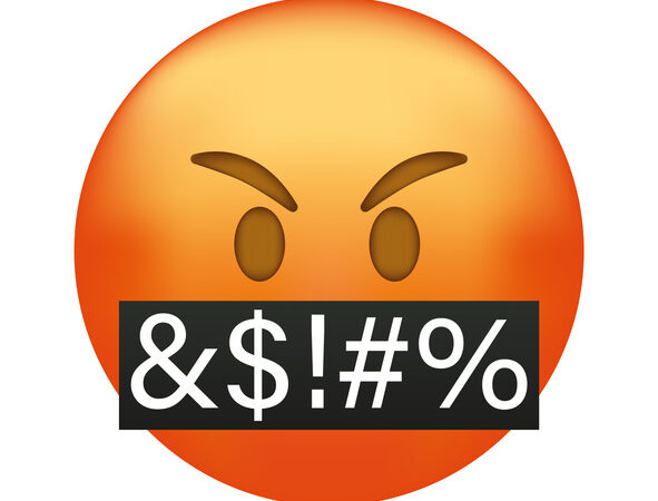 Anger emoji depicting an orange face with red cheeks and symbols representing swear words covering its mouth