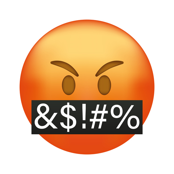 Anger emoji depicting an orange face with red cheeks and symbols representing swear words covering its mouth