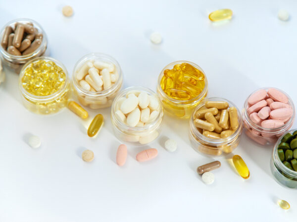 Vitamins and supplements in jars