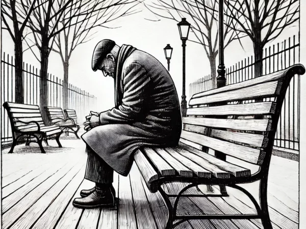 Sketch of an older man sitting on a park bench looking depressed