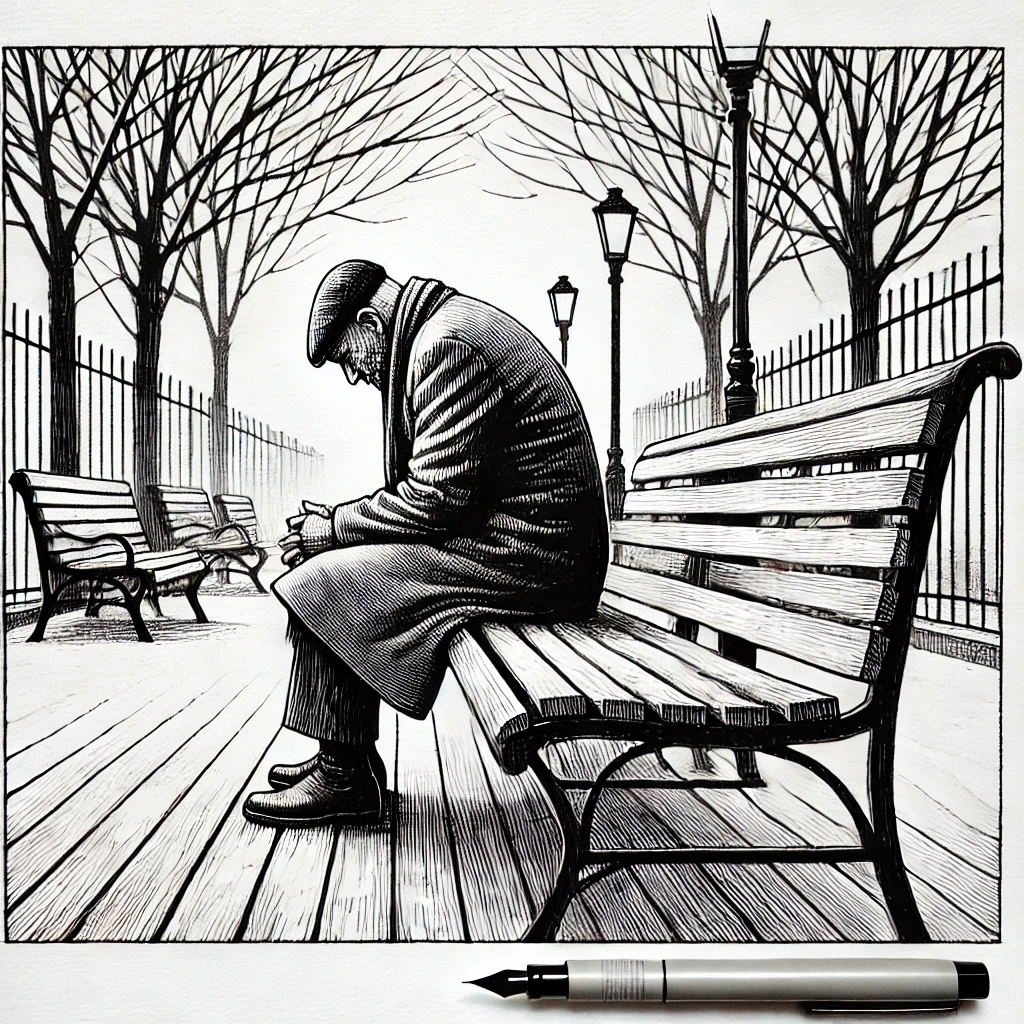 Sketch of an older man sitting on a park bench looking depressed