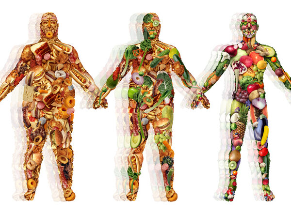 OUtline of three humans showing food intakes that make them more or less healthy