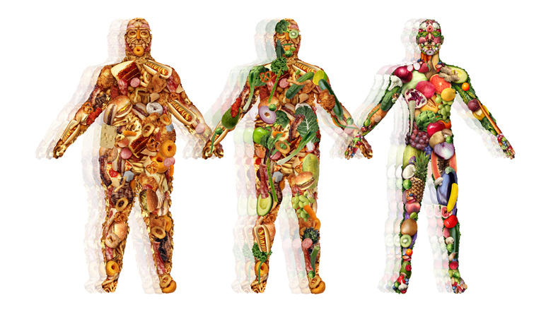 OUtline of three humans showing food intakes that make them more or less healthy